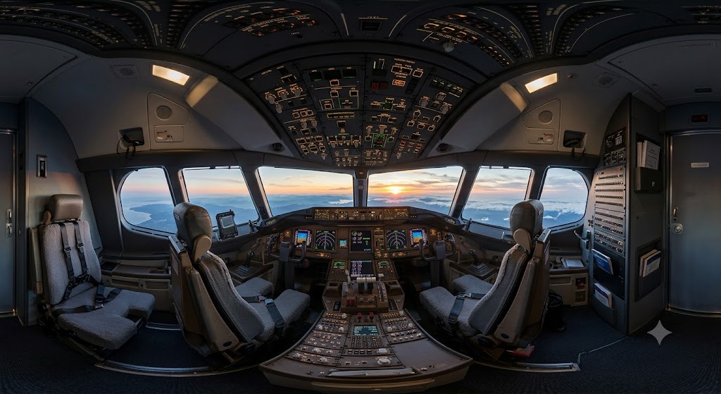 360 capture of an aircraft cockpit at sunset
